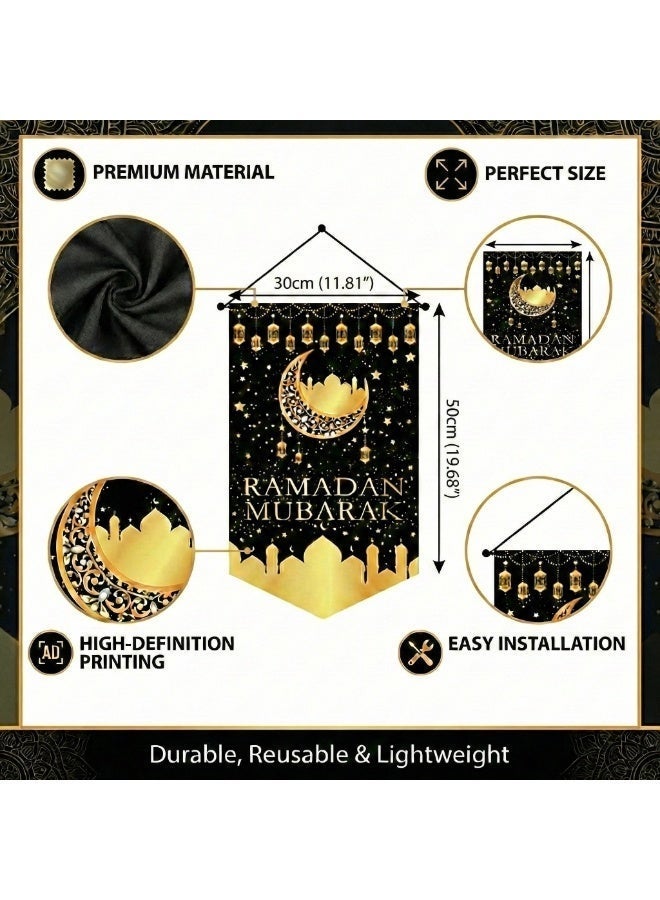 Ramadan Mubarak Hanging Flag Banner, Islamic Wall Decoration, 30x50cm Polyester Porch Sign, Ramadan Kareem Party Supplies, Muslim Fasting Month Home Door Wall Decor (Black & Gold) - Image 2